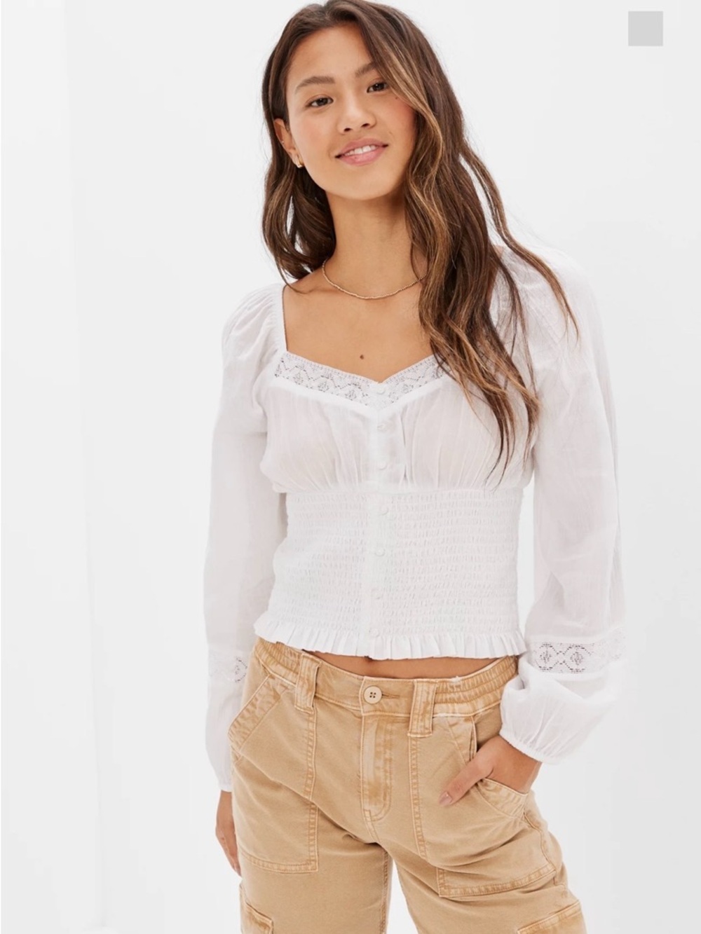 American Eagle Outfitters White Smocked Lace-Trim Long Sleeve Top